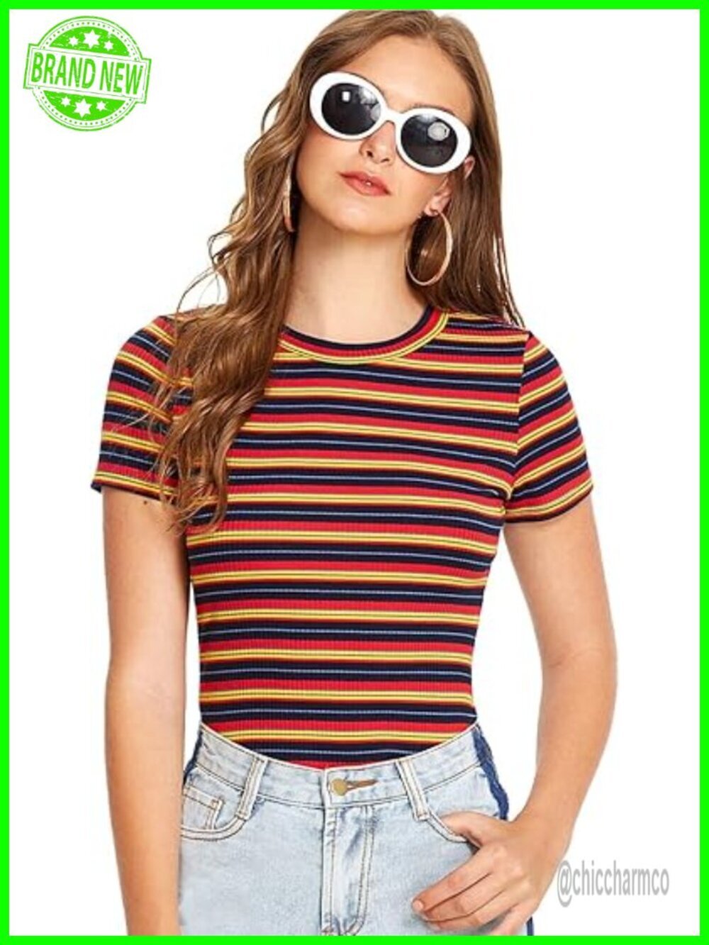 Striped Ribbed Short Sleeve Crew Neck Tee Top